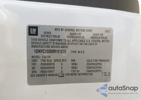 2008 Chevrolet Tahoe Lt z USA, uszkodzony, nr VIN 1GNFC13088R161276